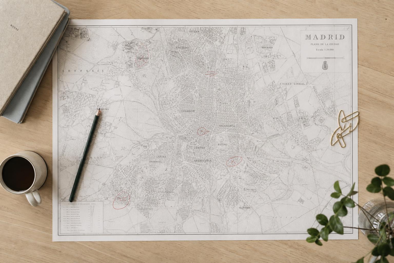 Mapa de Madrid sobre mesa de madera clara con algunas zonas marcadas suavemente con lápiz y clips, luz natural de mañana