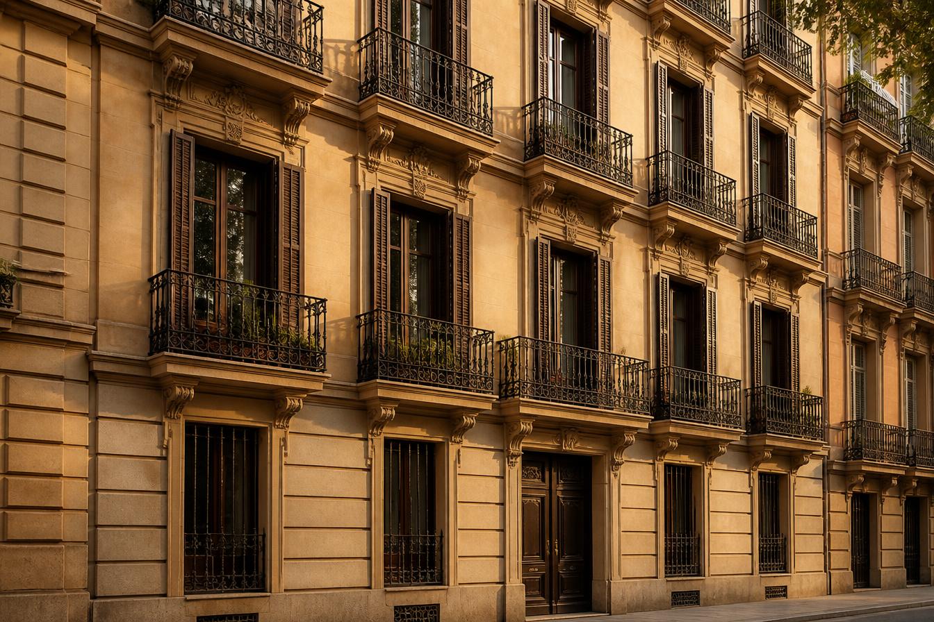 Fachada clásica residencial de Madrid con balcones de forja, luz cálida de media tarde · Blog inmobiliario · Yolanda González