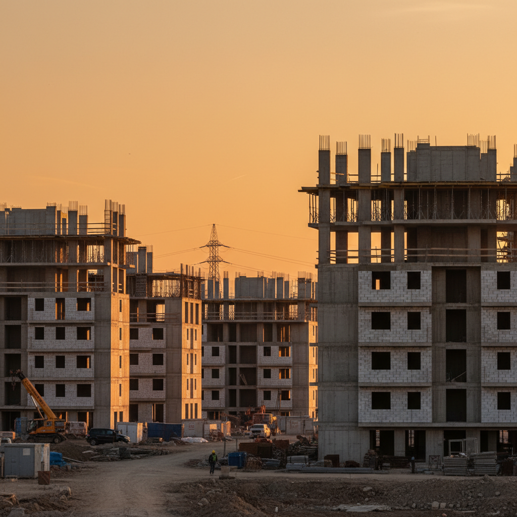 Promoción residencial en construcción en Madrid al atardecer · Blog inmobiliario Yolanda González