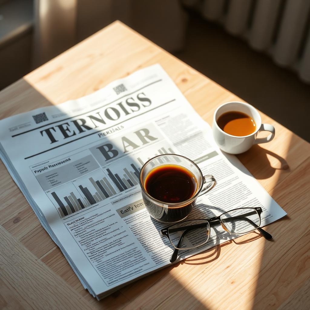 Periódico con gráficos de barras sobre mesa de madera con café y gafas, luz de mañana · Blog inmobiliario Madrid · Yolanda González