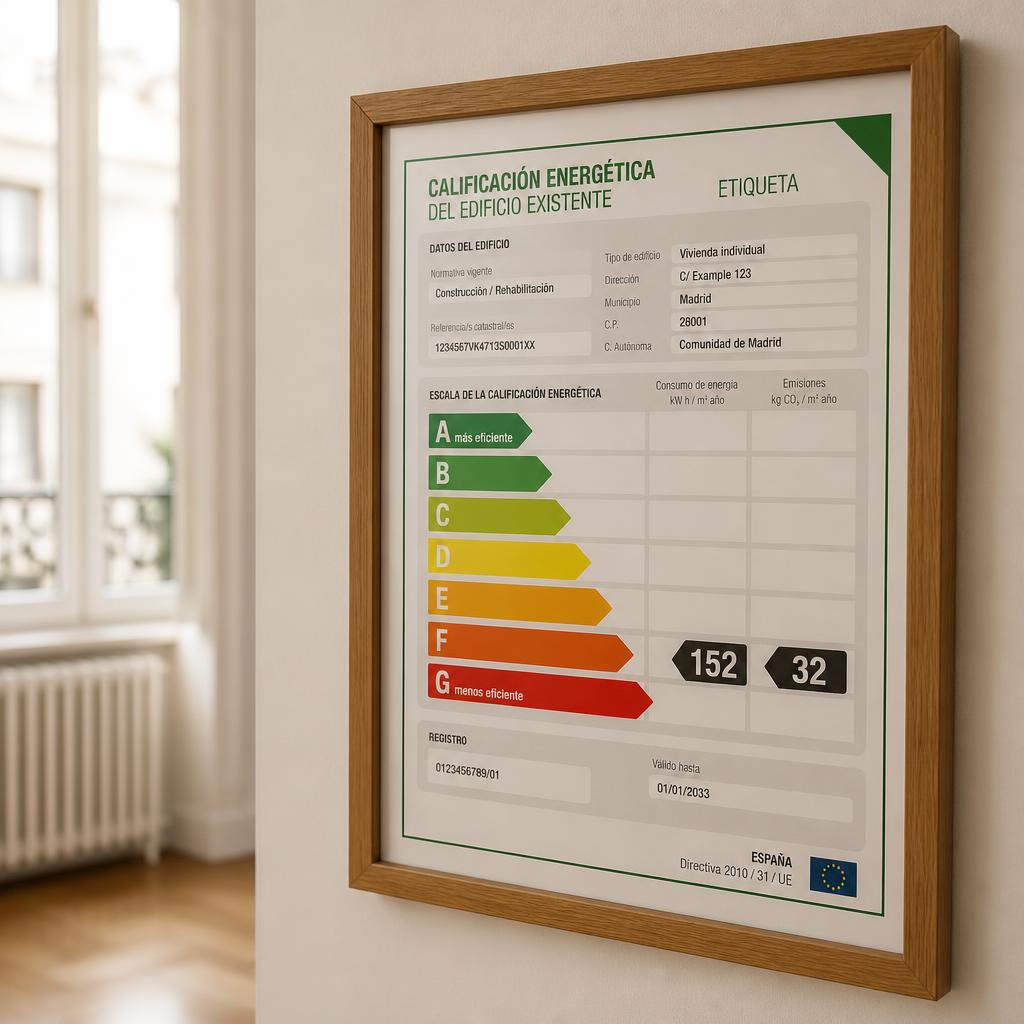 Etiqueta oficial de calificación energética española enmarcada sobre pared blanca de un interior doméstico luminoso, con ventana y radiador desenfocados al fondo.