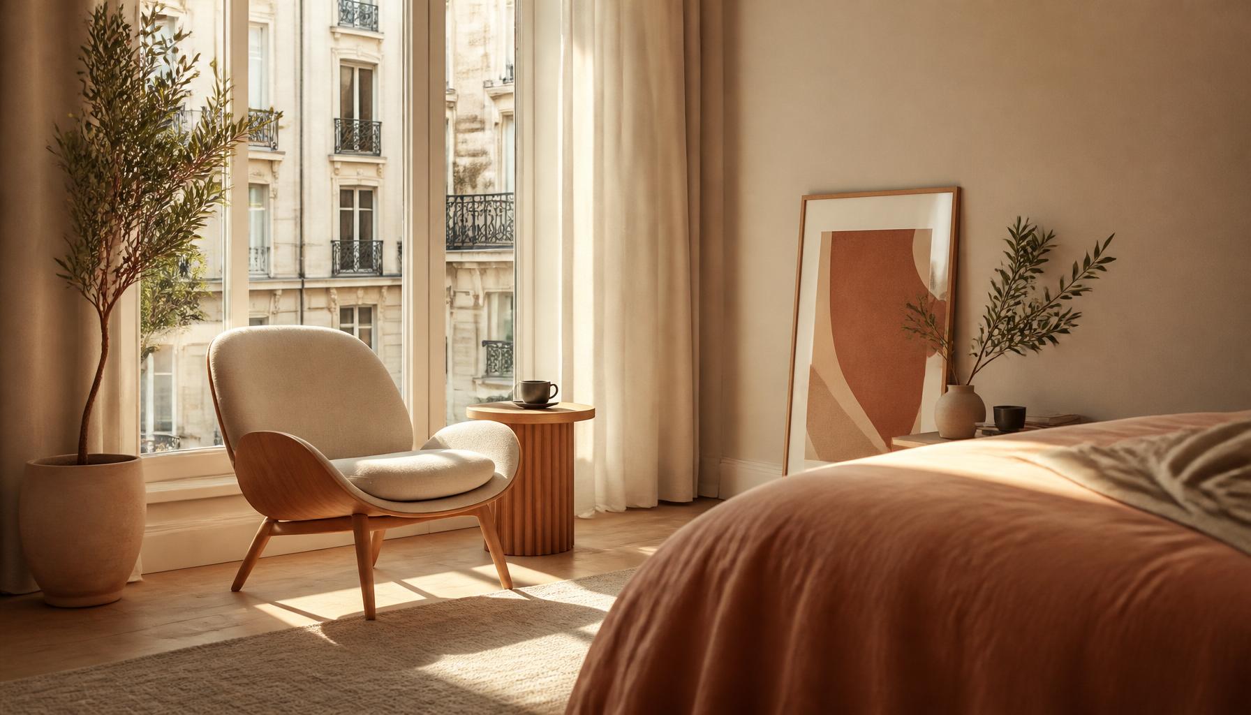 Interior de un piso en Madrid con luz natural cálida de última hora de la tarde, una butaca de diseño junto a la ventana, taza de café y plantas. Espacio minimalista, autosuficiente y aspiracional.
