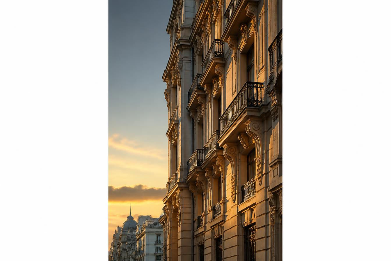 Fachada señorial del Barrio de Salamanca en Madrid al atardecer, con luz dorada sobre molduras de piedra y balcones de forja