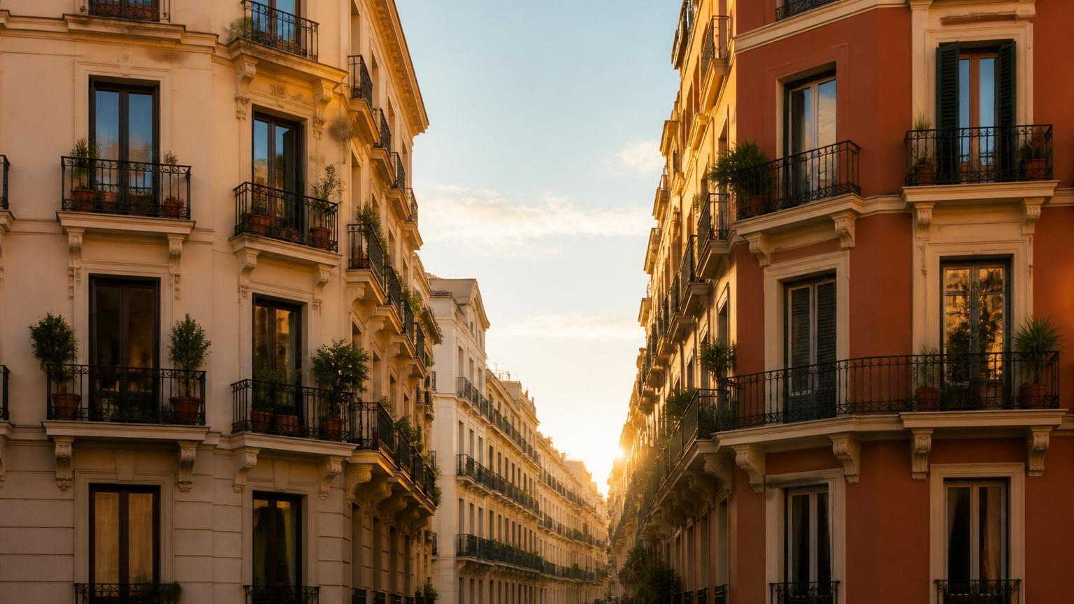 Dos edificios residenciales madrileños frente a frente al atardecer, evocando la transición de vender una vivienda para comprar otra
