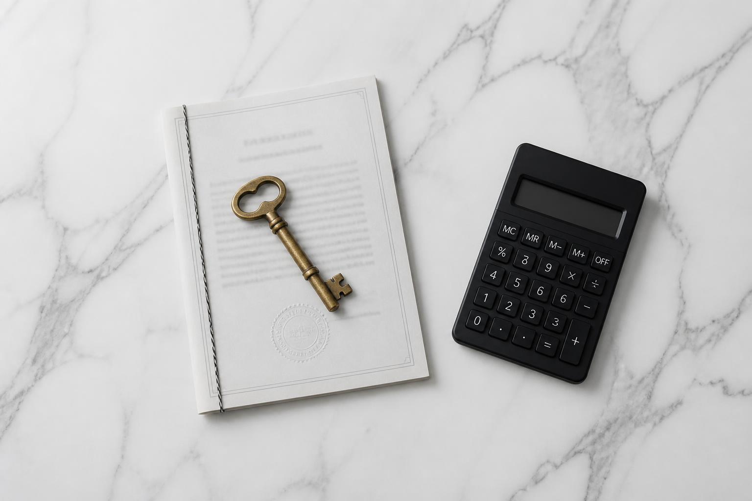 Llave, escritura notarial y calculadora sobre mármol, representando el proceso de vender un piso con hipoteca pendiente en España
