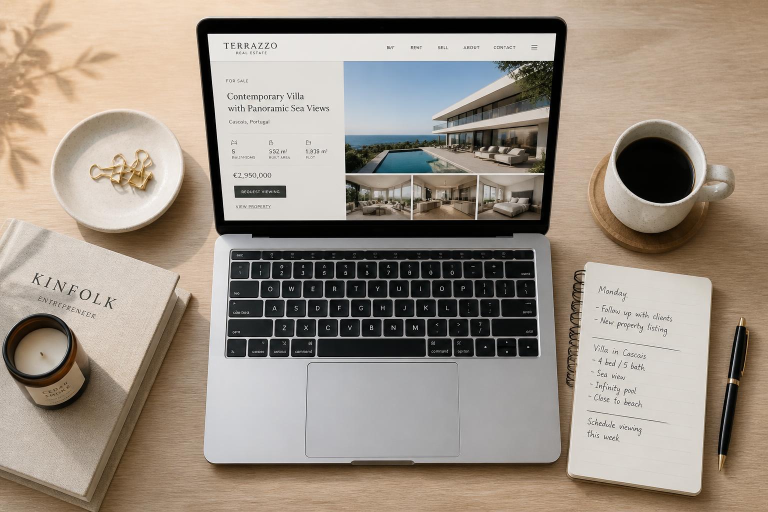 Mesa de trabajo vista cenital con portátil mostrando un portal inmobiliario, bloc de notas, bolígrafo y taza de café