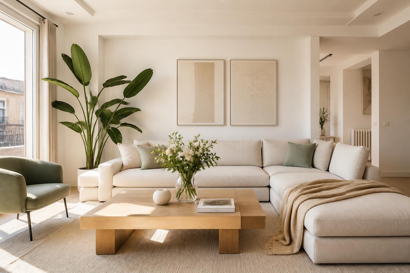 Salón de un piso madrileño con home staging: sofá en tonos crema con manta drapada, flores frescas en la mesa, planta de gran formato y luz natural