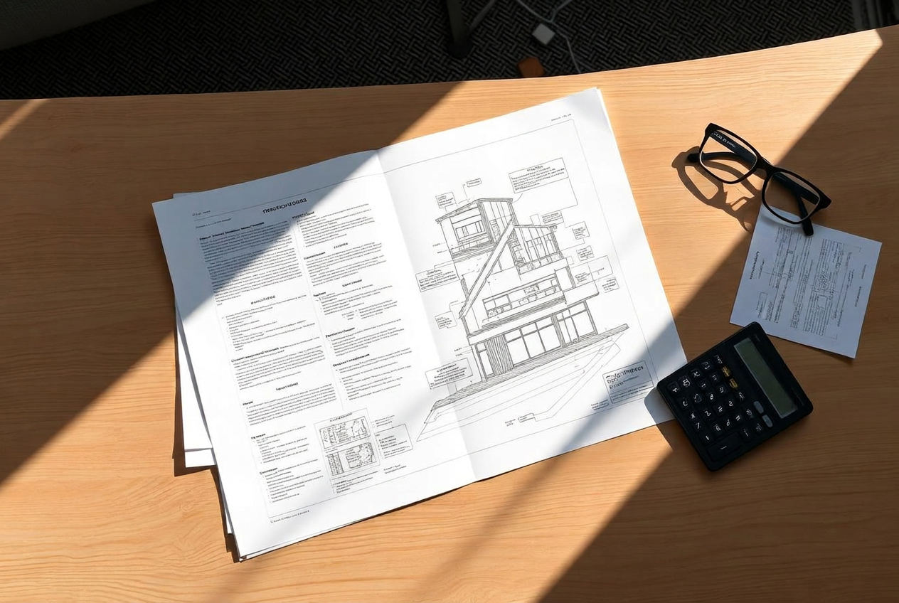 Documentos técnicos y plano arquitectónico sobre mesa de madera con calculadora y gafas, luz natural suave · Blog inmobiliario Madrid · Yolanda González