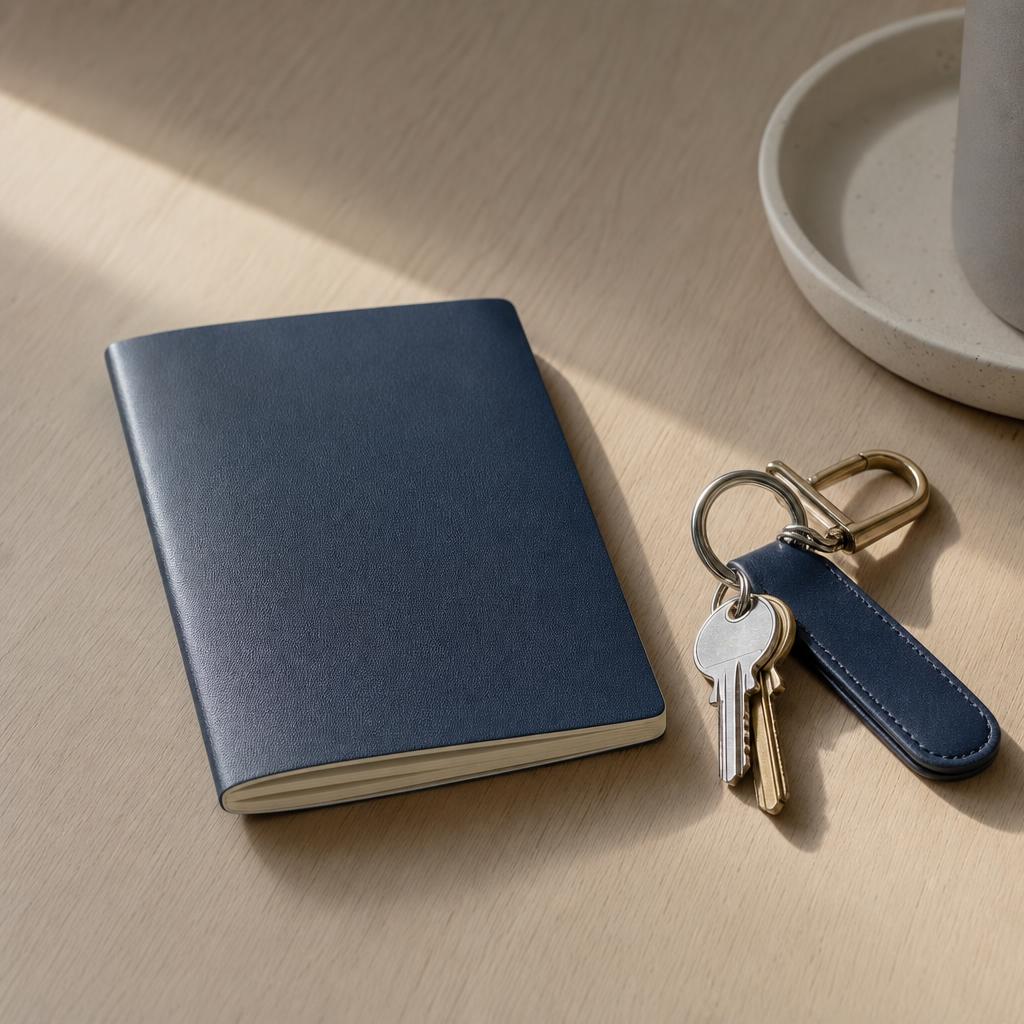 Pasaporte cerrado junto a llaves de diseño sobre madera clara, concepto de transición y decisión inmobiliaria