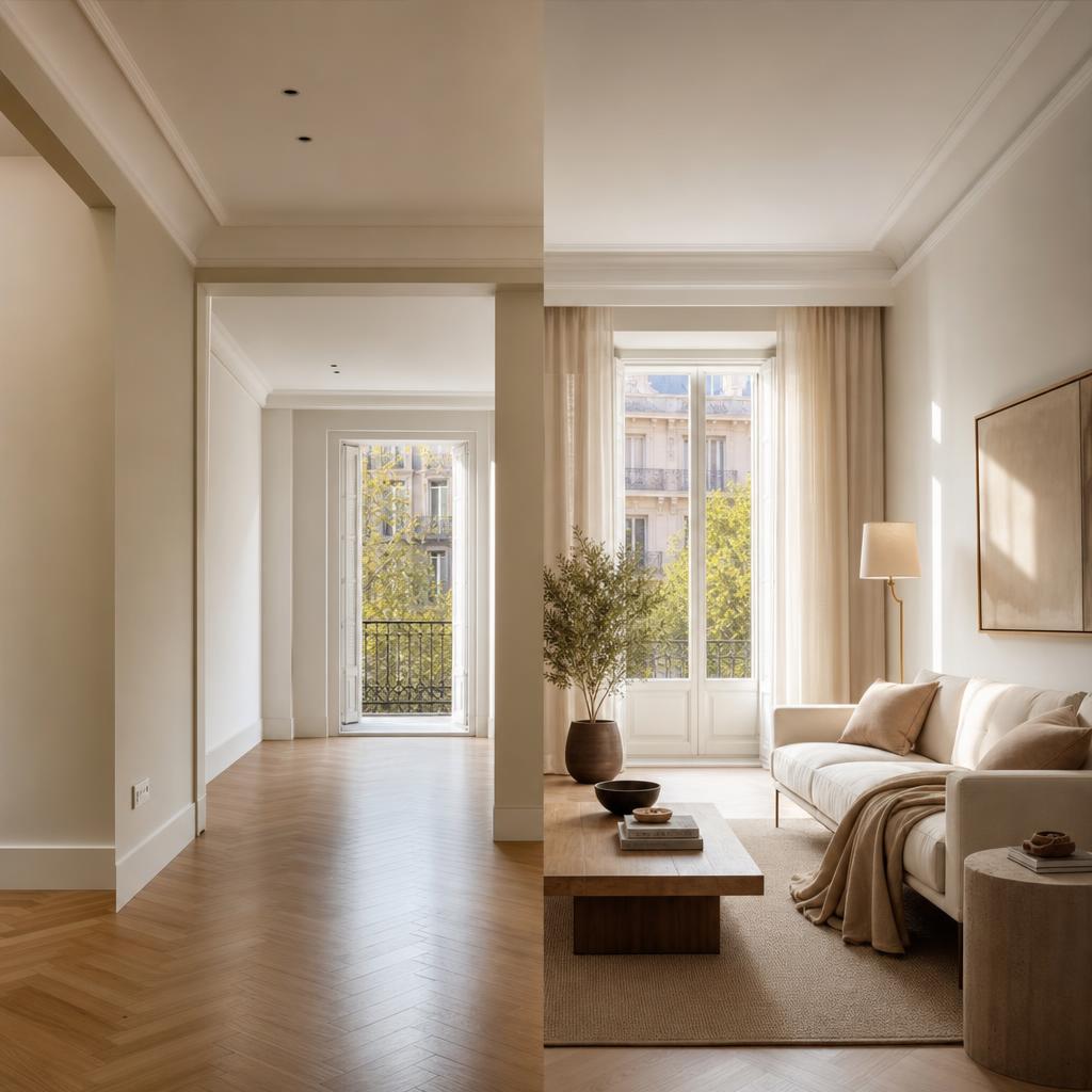 Habitación en transición: de espacio vacío a estancia preparada con home staging en tonos cálidos