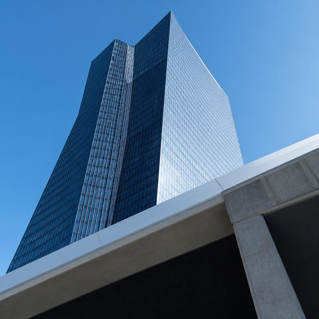 Fachada del edificio del Banco Central Europeo en Fráncfort, fotografiada en contrapicado con cielo despejado y paleta fría de acero y cristal.