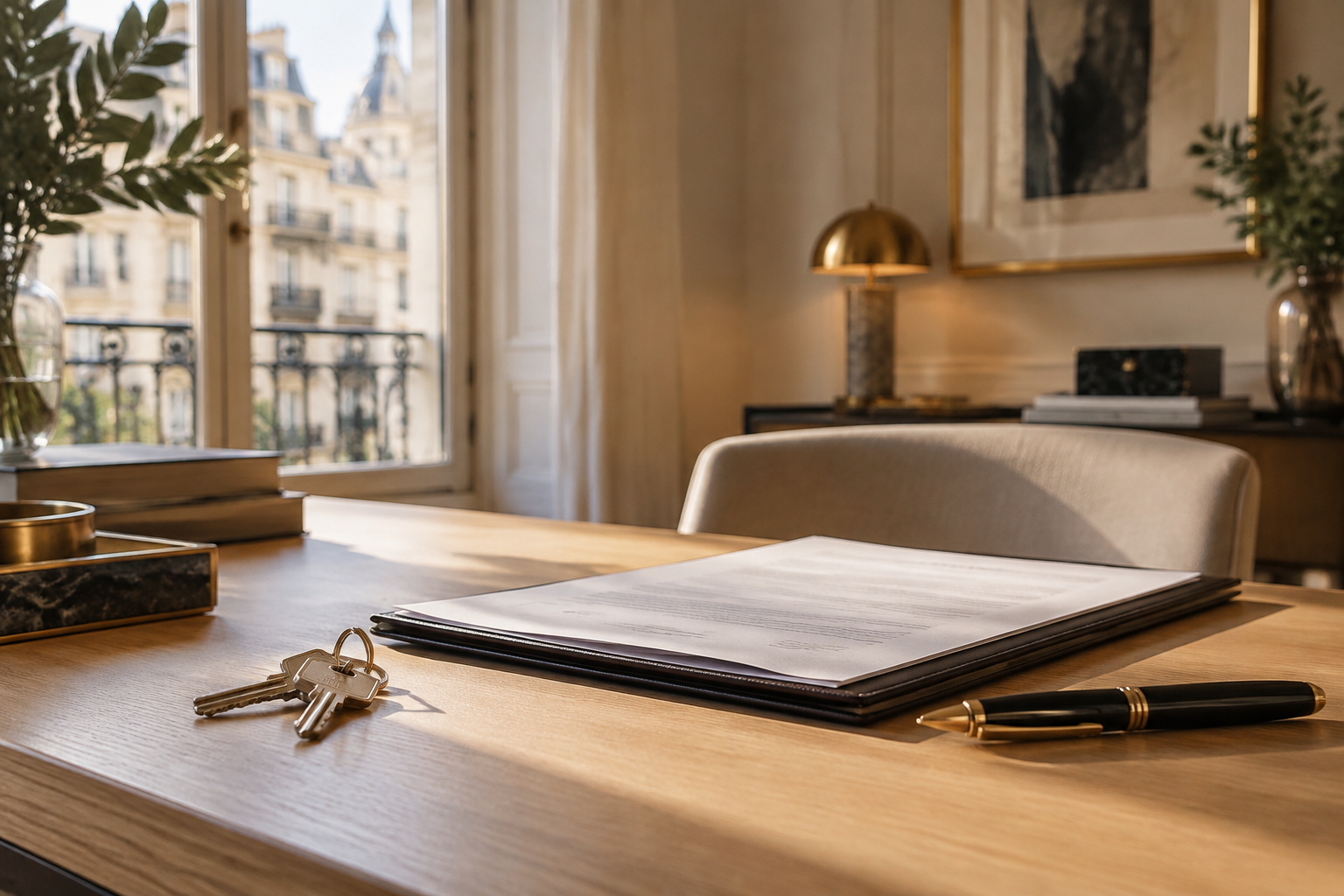 Llaves, documentos de compraventa y pluma sobre una mesa de notaría en Madrid